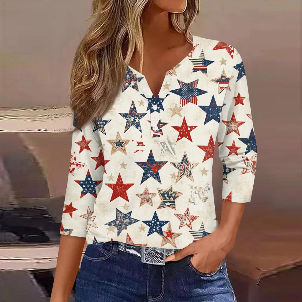 Women's T Shirt Print Button 3/4 Sleeve Daily Weekend Fashion Basic V- Neck Regular Top