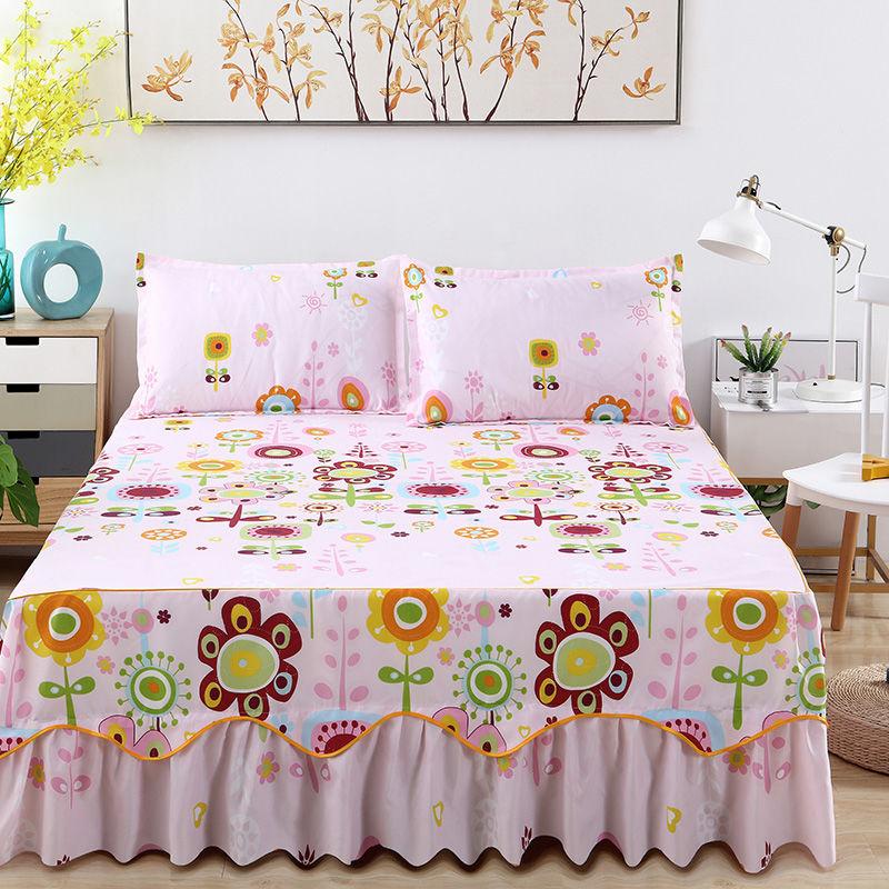 Fashion Soft Sanding Bedspread Anti-skip Wedding Bed skirt Queen King Size No Pilling Fitted Sheet Cover Double Layer Bed Cover