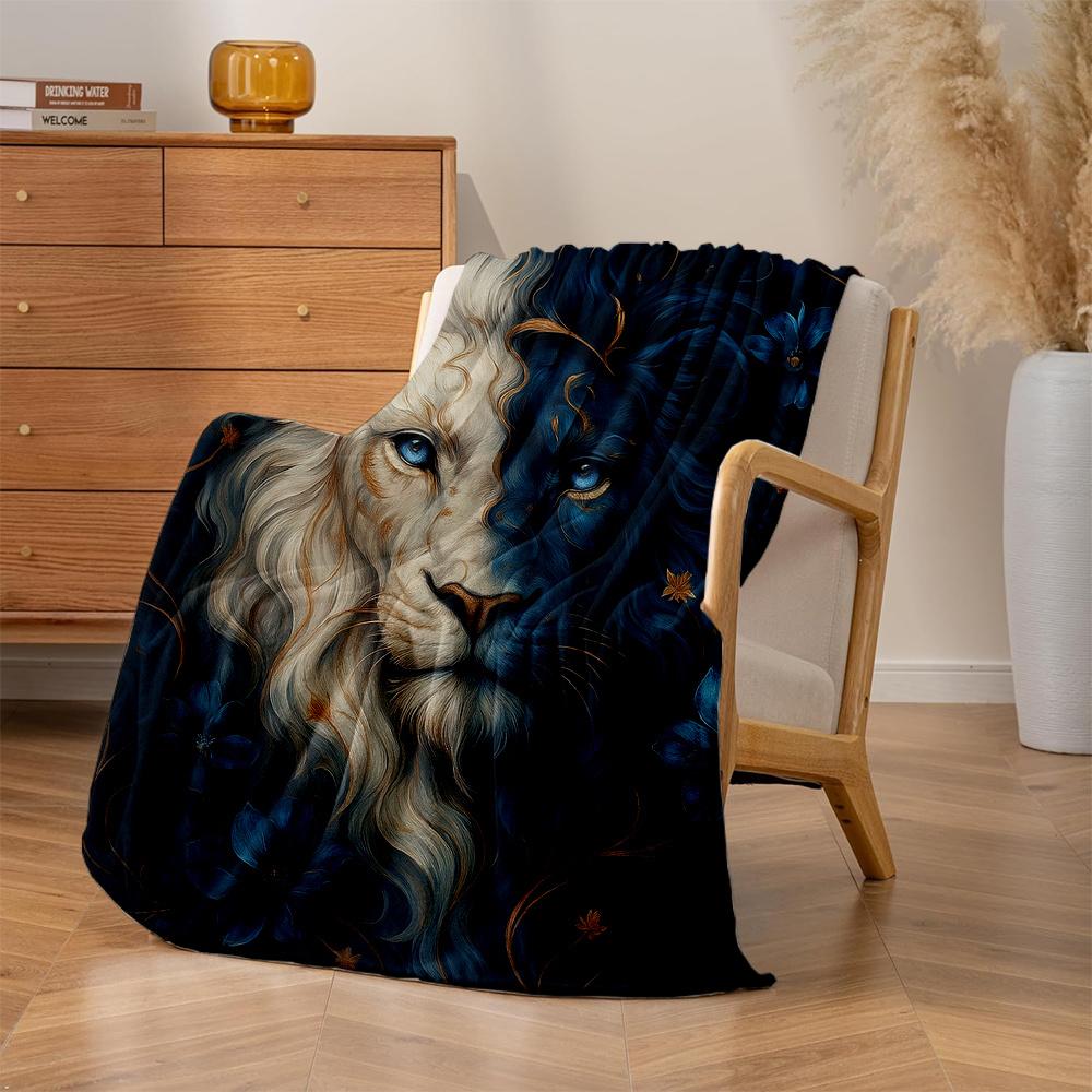 1pc Luxurious Lion King Print Plush Fleece Blanket - Blue & Golden White Lion Mane & paws, All-Season Soft Bedspread for