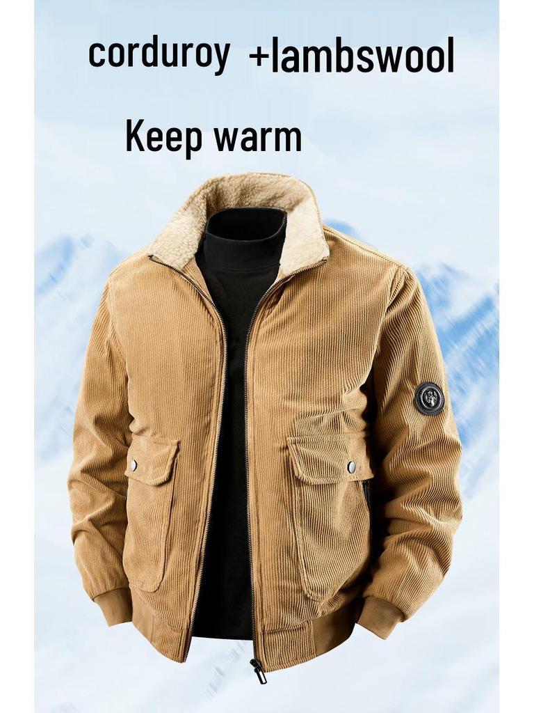 Men's Retro Corduroy Lambswool Jacket - Winter Warm Stand Collar, Mid-weight, Casual Style