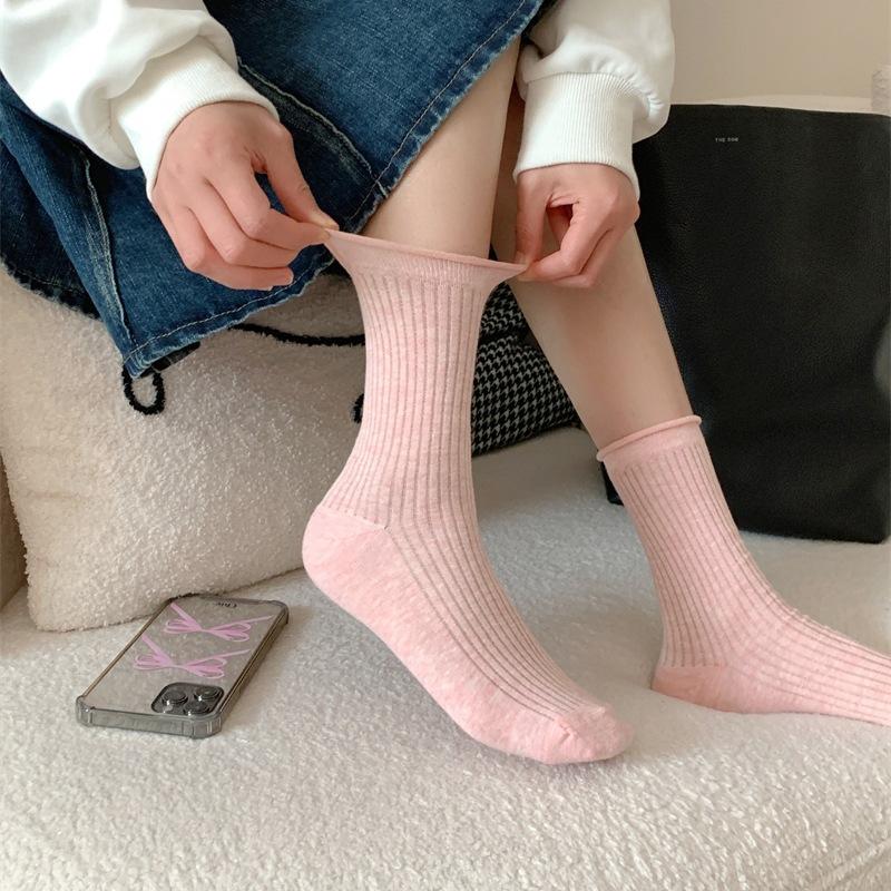 Rolled-up Socks, Women's Mid-calf Socks, Trendy Spring and Summer Cotton Socks, Thin Mesh Breathable Pile Long Socks