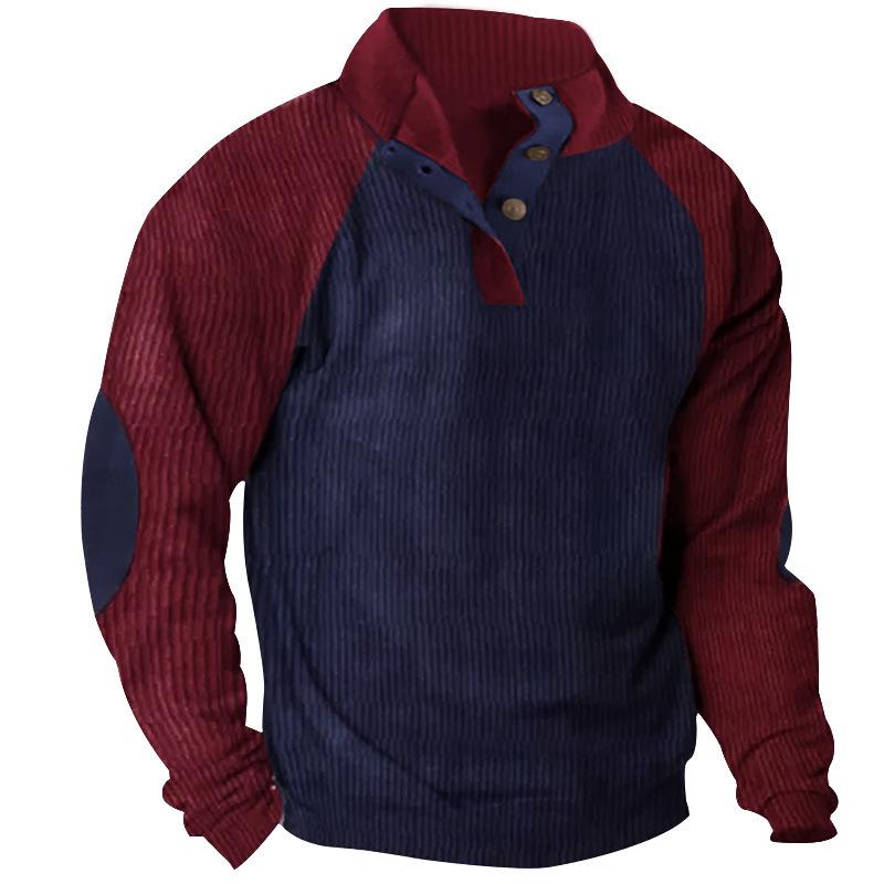 Men's Corduroy Color Block Stand Collar Hoodie - Casual Long Sleeve Top for Spring and Autumn