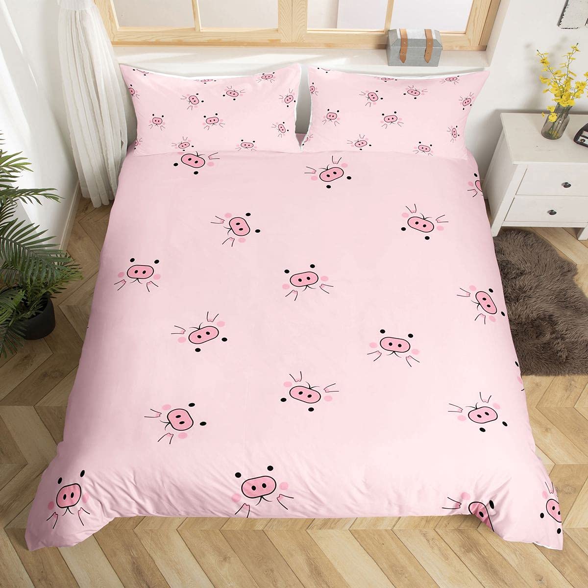 

Cartoon Kawaii Pig King Queen Duvet Cover Happy Farm Animal Bedding Set Pink Piggy Quilt Cover 2/3pcs Polyester Comforter Cover EU single(135x200cm)