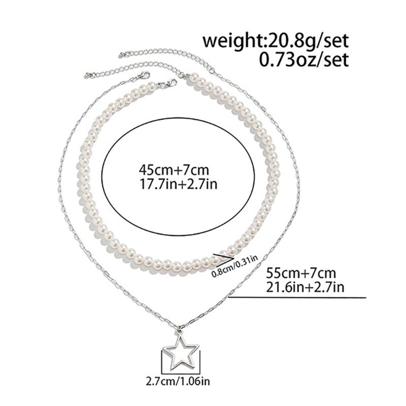 Bolt/Star Pendant Choker Layered Necklace Imitation Pearls Bead Neckchain for Women Girls Fashionable Jewelry Gift
