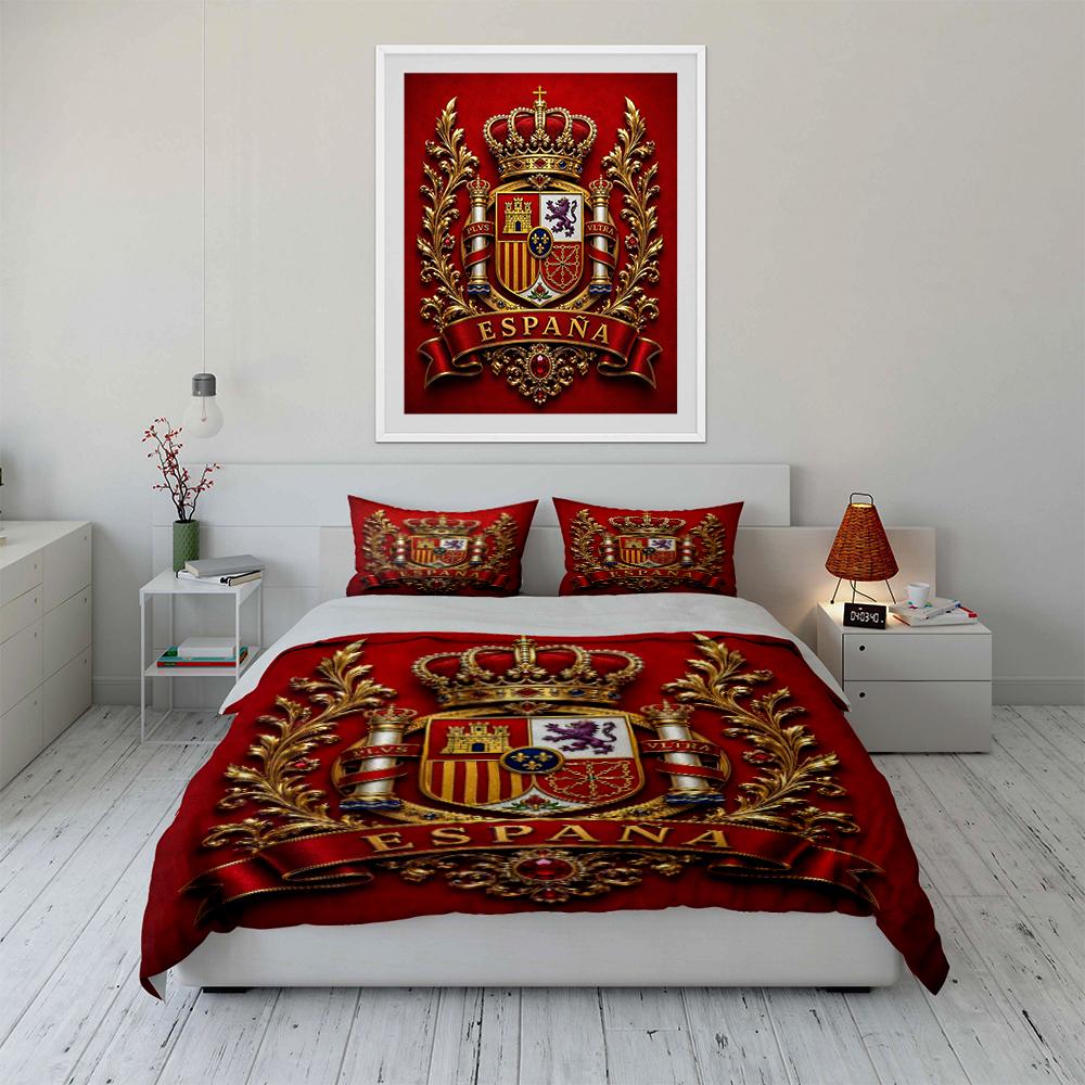 Spanish Royal Emblem Bedding Set Red Design Bedding Set (1 Duvet Cover, 2 Pillowcases, Duvet Not Included)