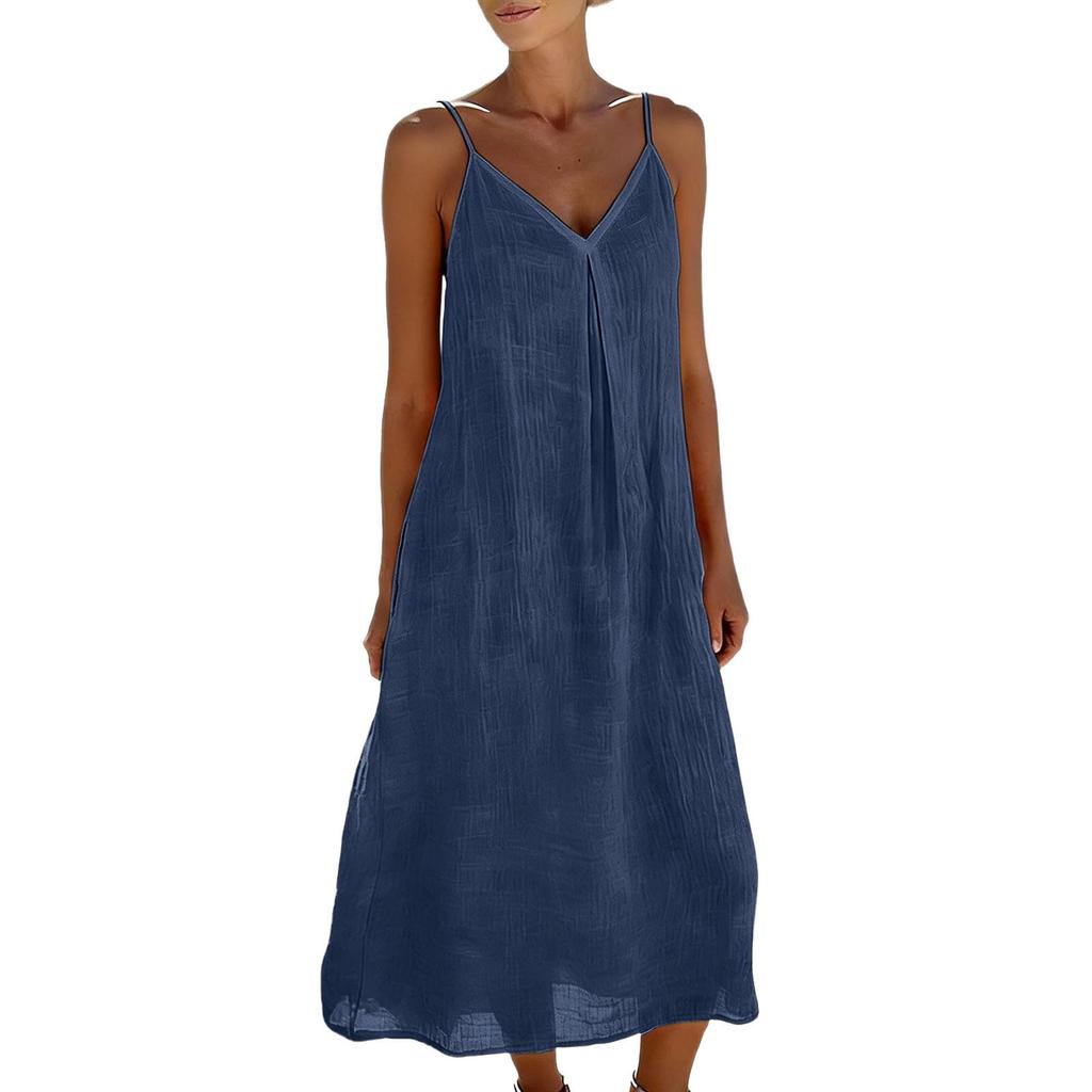 Women's Summer Fashion Strap Skirt Loose Fold V-neck Bohemian Vacation Beach Cotton Hemp Dress