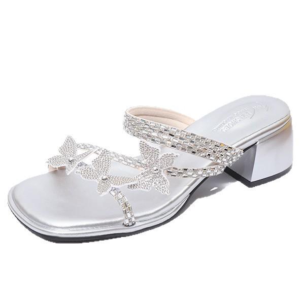 Wunderschöne Strass-Schmetterling High Heels Damen Sommer neu Temperament Ein-Wort coole Pantoletten dünner Absatz Ausgehen