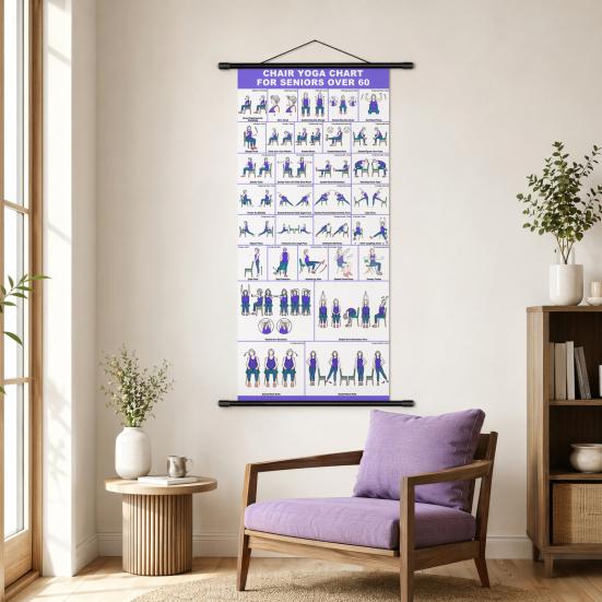 Chair Yoga Wall Chart, Canvas Poster with Hanging Rod And Rope, Chair Yoga Chart for Seniors Beginners Home Stretching Mobility Guide