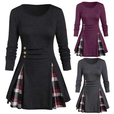 Ramidos Women Plus Size Tops Tunic Tee Buttoned Plaid Print Long Sleeve T Shirt
