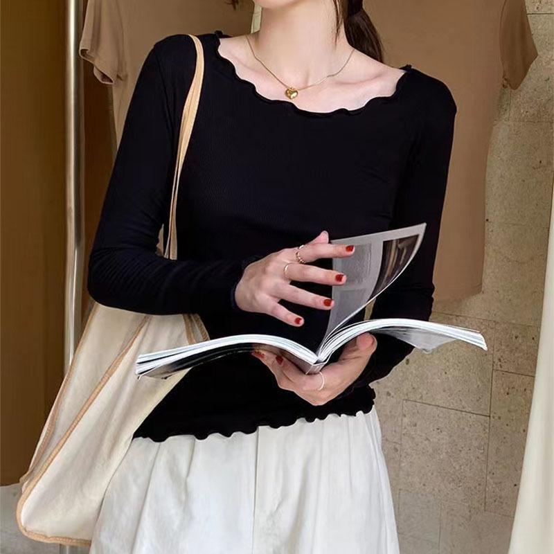 Dámské základní modely dřevěných uší triko s kulatým výstřihem a dlouhým rukávem Uvnitř topů Spodní košile