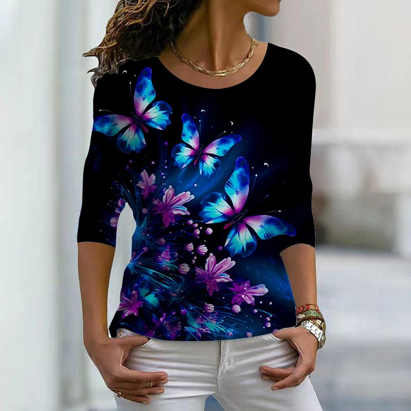 

Женские осенние топы, свободные фиолетовые кристальные бабочки с принтом, повседневная футболка с длинным рукавом, топ, блузка XS розовый