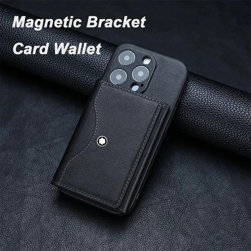 Higth End Businsee Sle Magnetic Folding Wallet Card Holder Leather Case for Magsafe IPhone 17 16 Samsung Huawei Stand Cover Bla