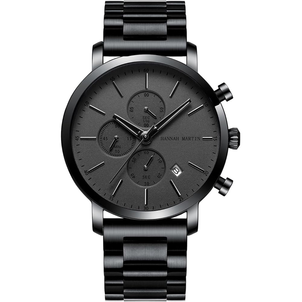 Hannah Martin Men s Chronograph Quartz Watch Stainless Steel Waterproof Business Simple Black