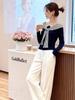 Korean Style One-Shoulder Striped Tie-Up Long Sleeve T-shirt for Women