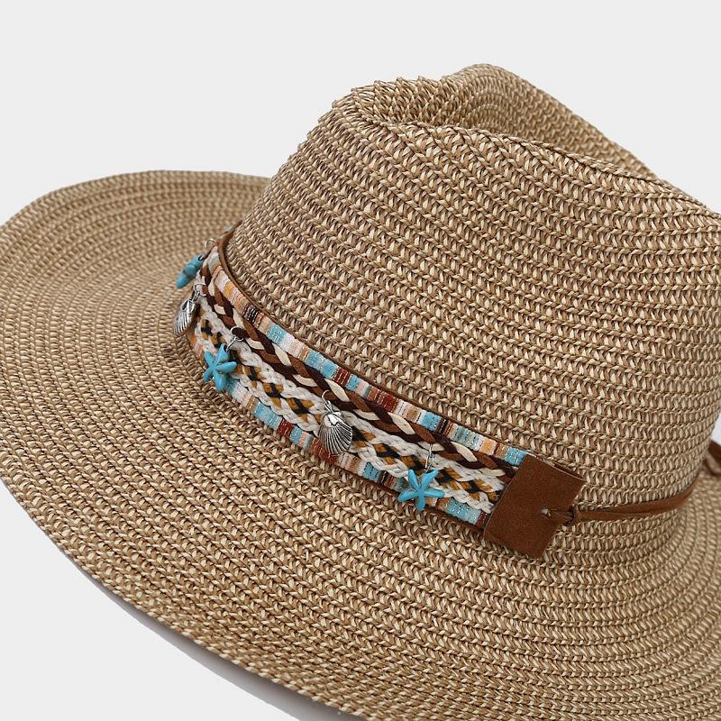 Boho-Chic Handcrafted Straw Cowboy Hat with Blue Accents - Breathable, Lightweight & Stylish for Women