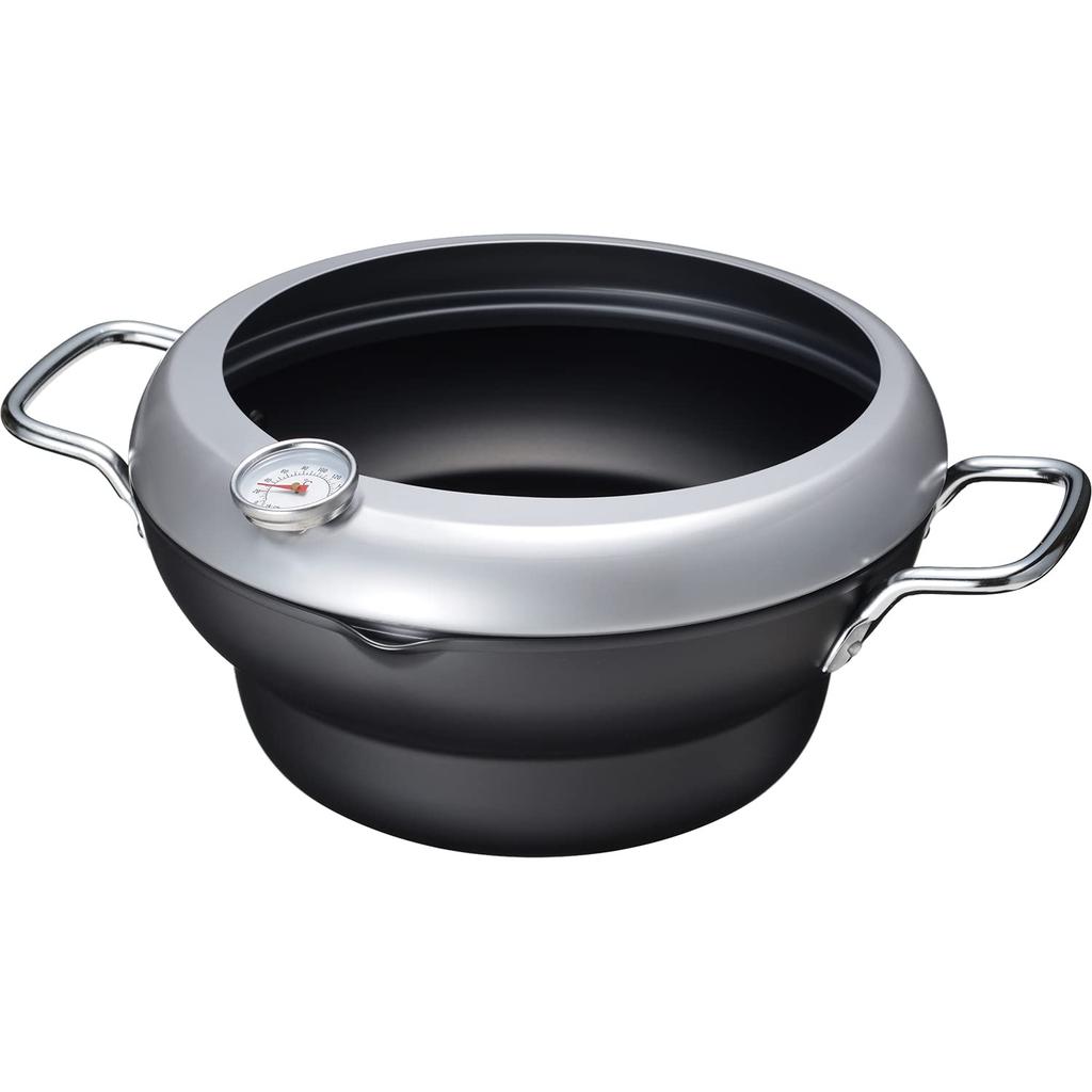 Wahei Freiz 24cm Iron Tempura Pot with Oil Splatter Prevention, IH and Gas Compatible, Deep Fryer, with Hood and Thermometer, Made In Japan, Tenboan