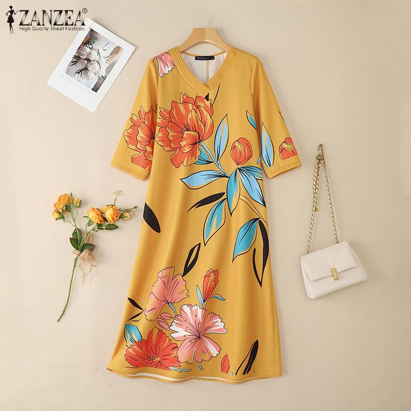 ZANZEA Women Casual V-Neck Loose 3/4 Sleeve Floral Print Dress