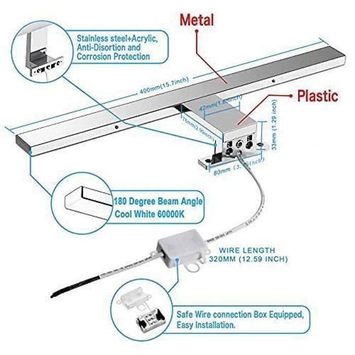 Azhien lampe pour miroir led salle de bains 10w 820lm,400mm blanc froid 6000k lampe miroir 230v ip44 3 en 1 salle de bain lumiere