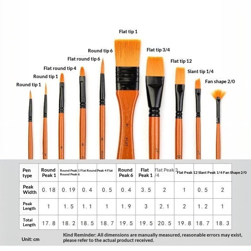 10 Pcs Orange Handle Nylon Bristle Watercolor Brush Set with Canvas Bag for Kids Adult DIY Handcraft Painting