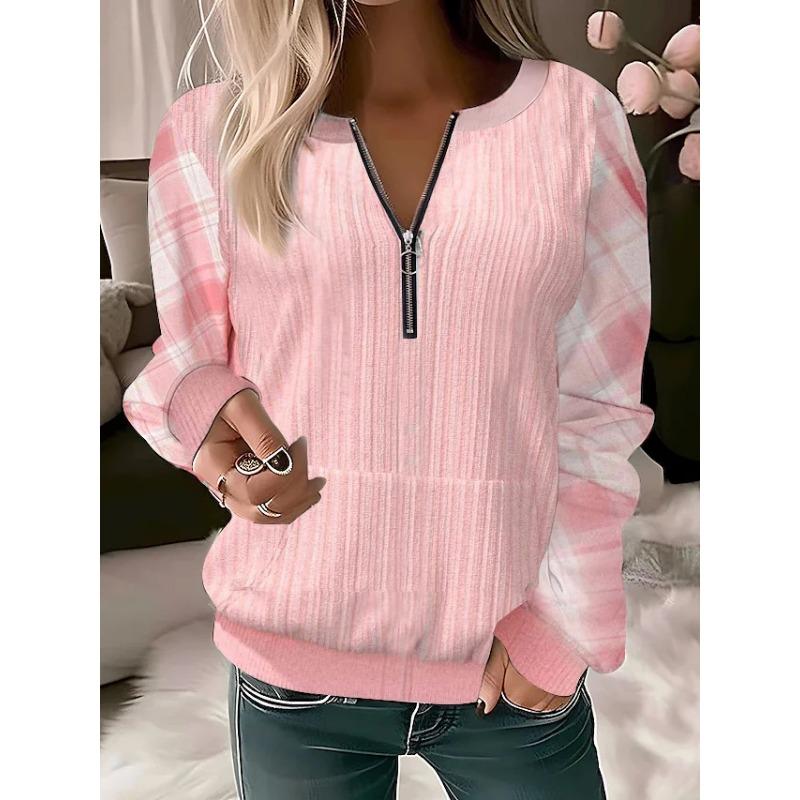 Autumn and Winter Women's Plus Size Long Sleeve Pullover Printed V-Neck Zip Top