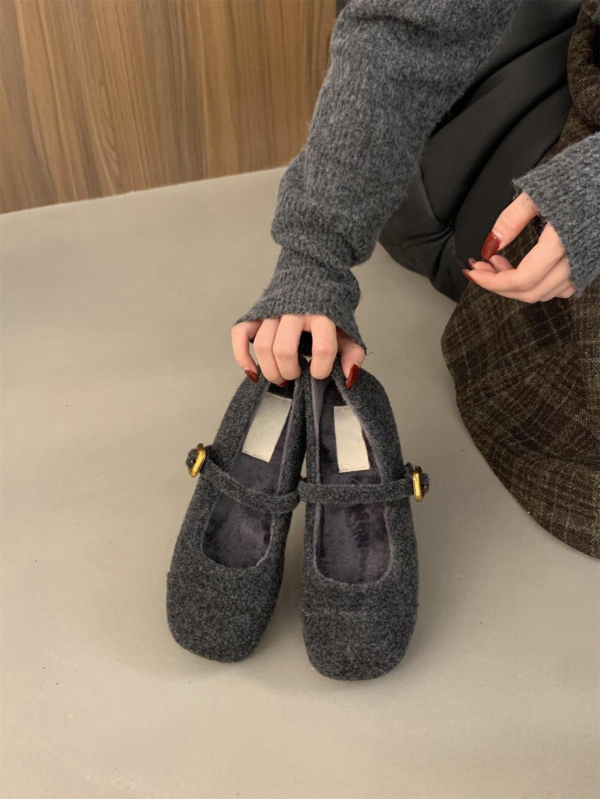 

Женская зимняя обувь Мэри Джейн, повседневные нескользящие туфли на плоской подошве с ремешком на щиколотке, офисные туфли на плоской подошве, флисовые туфли Мэри Джейн с квадратным носком для женщин 40 темно-серого