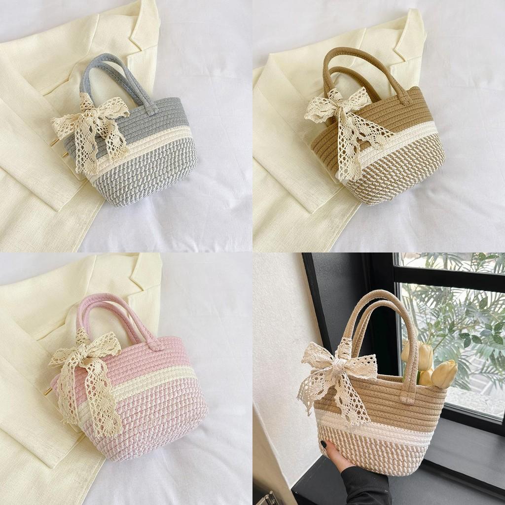 Stylish Woven Handheld Plaid Bucket Bag Large Capacity Trendy Girls Purse In Gray Khaki Pink