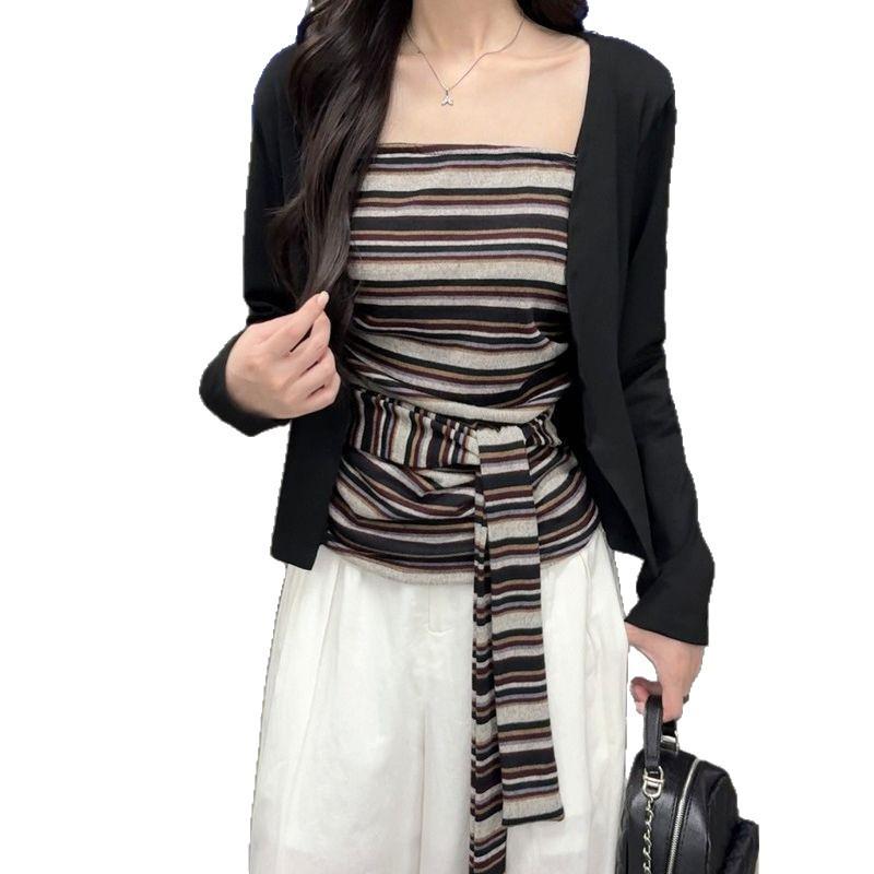 Autumn 2025 Spicy Girl Striped Tie-Up Strapless Shawl Jacket