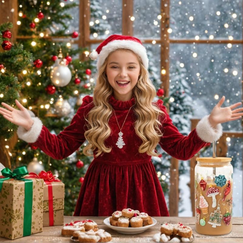 Color Changing Christmas Cups,Christmas Iced Coffee Glass Cups with Lids and Straw White Elephants Gift Drinking Glasses