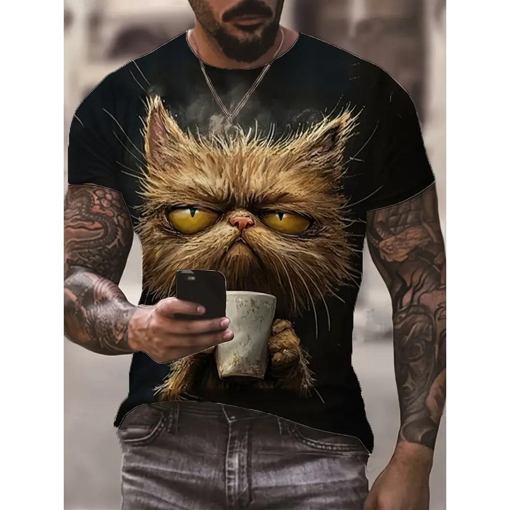 Summer Men's T-Shirt Funny Cartoon Cat Printed Breathable Outdoor Short Sleeve Graphic T-Shirts Casual Oversized Men Clothing