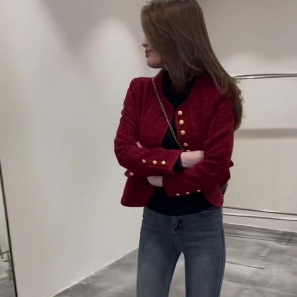 Spring Short Tweed Jacket French Style Round Neck Fashionable Petite Coat