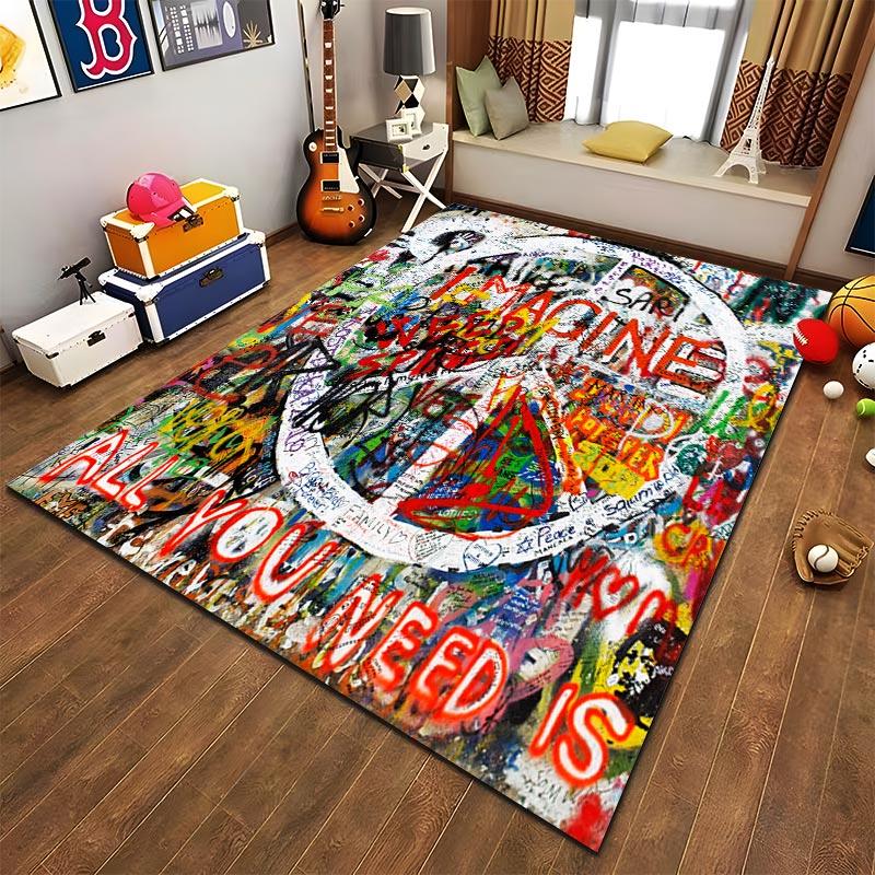 Colorful Graffiti Art Carpet with Text "Imagine" and Bold Design Suitable for use as an anti-slip for living room bedroom sofas