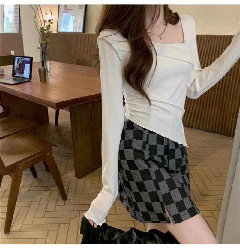 6880# Slim-Fit Spicy Girl Irregular Top - Square Neck Long Sleeve T-shirt for Autumn/Winter