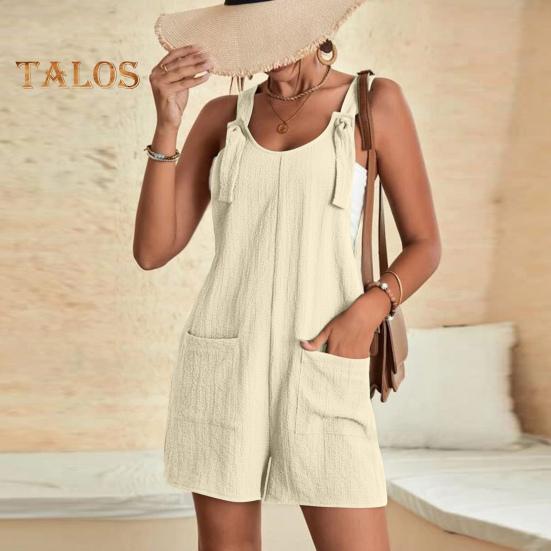 Macacão Feminino Sem Mangas Verão Casual Macacão Curto Solto de Algodão com Bolsos Roupas de Praia para Viagem Férias