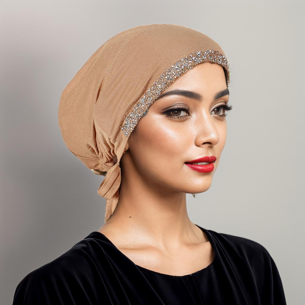 New Modal Rhinestone Band Muslim Turban Hat Inner Hijab Caps Islamic Underscarf Bonnet India Hats Female Headwrap Turbante Mujer
