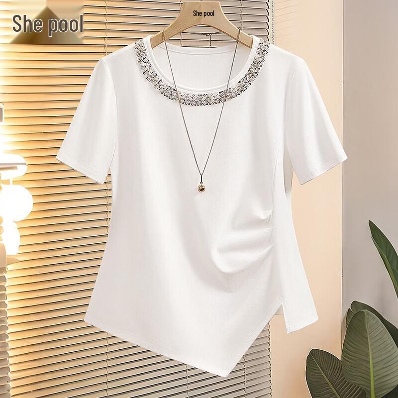 Women s Round Neck Short Sleeve Asymmetric T-Shirt with Woven Detail M белый