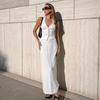 Womens Linen Cotton Halter Top Midi Dress Set White Sleeveless 2 Piece Old Money Style