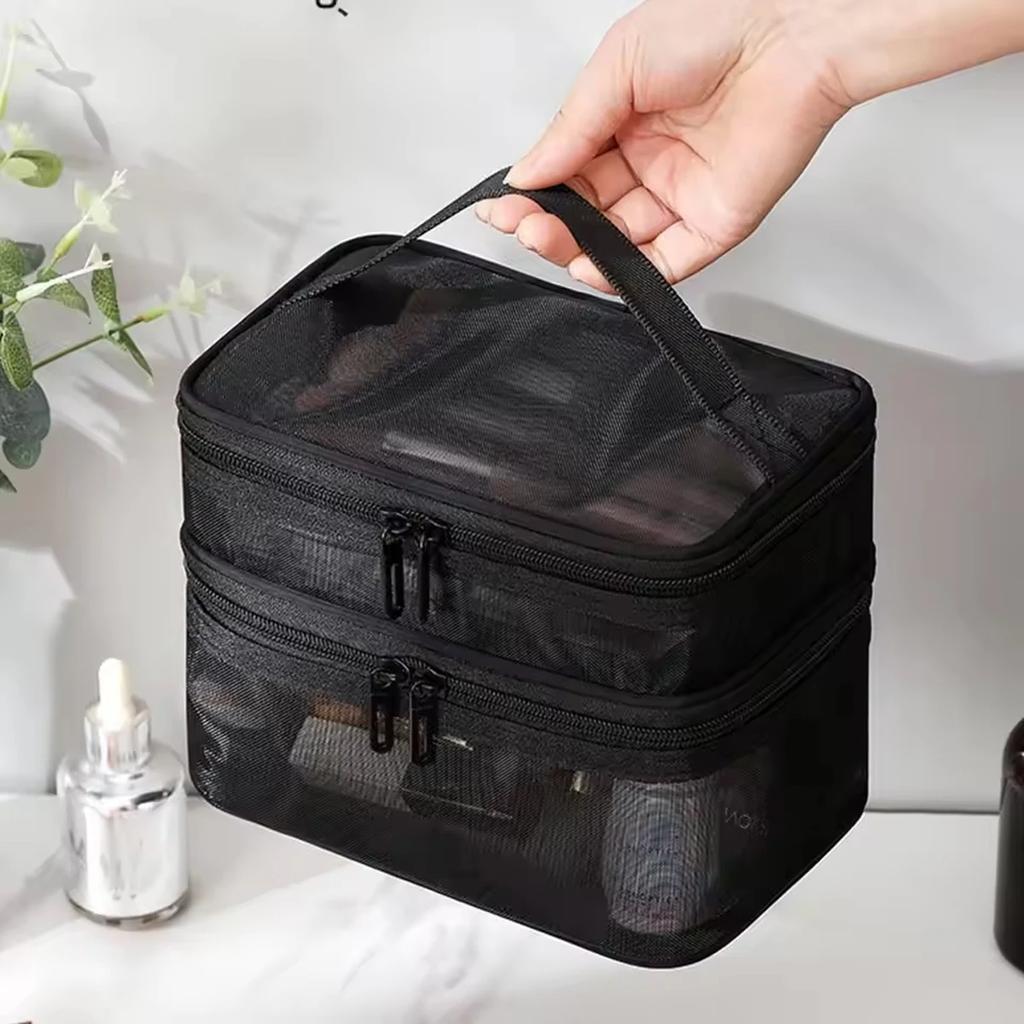 1 Stück - Doppellagige Netz-Kosmetiktasche, Große Kapazität für Reisen, Einfache und tragbare Kulturtasche, Handgehaltene Kosmetik-Aufbewahrungstasche