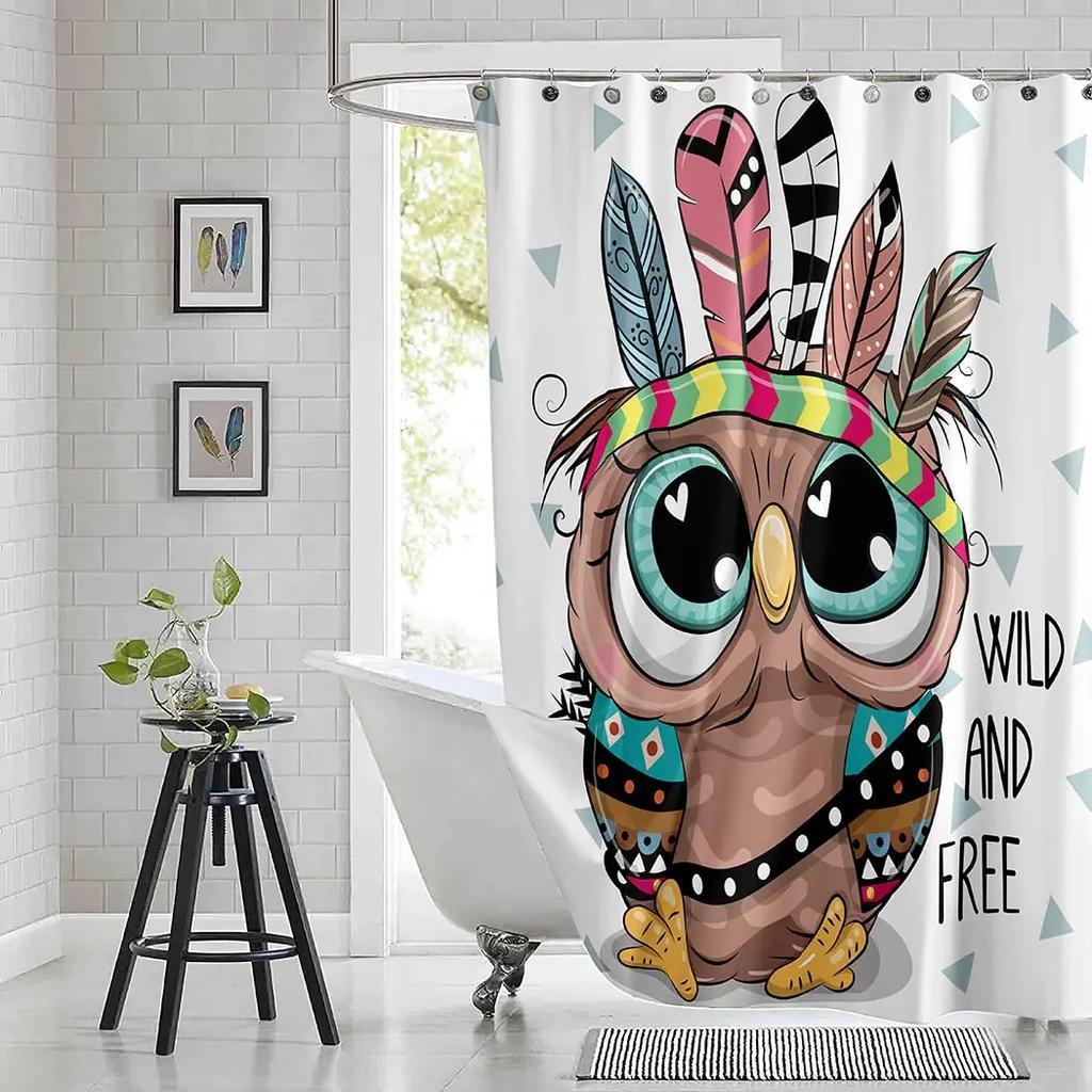 Rideau de douche Hibou Lunaire Forêt Enchantée Oiseau Fleur Papillon Fantaisie Fée Arbre Lanternes Ciel Nocturne Décoration Salle de Bain Ensembles
