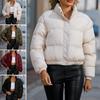 Women Autumn Winter Down Cotton-Padded Jacket Stand Collar Long Sleeve Pockets Zipper Placket Cropped Jacket Warm Overcoat