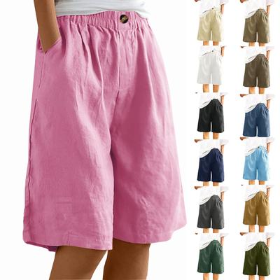 Damenmode Einfarbige Hosen Tasche Button Up Capris Lose Elastische Taille Baumwolle Leinen Shorts