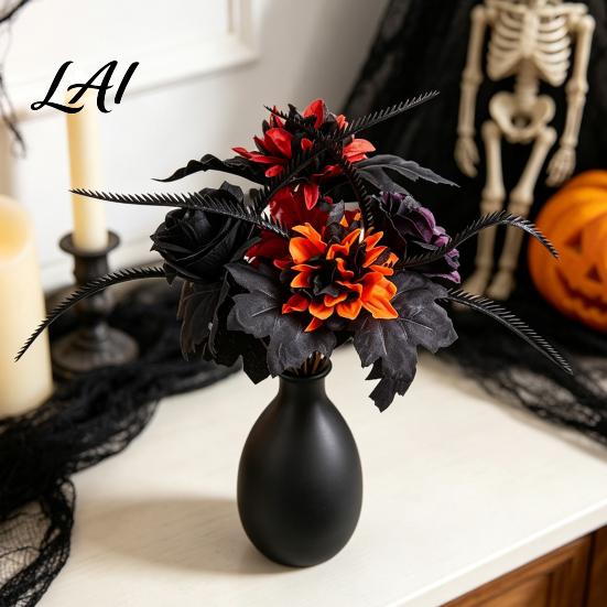 Fake Maple Leaf Decor Halloween Artificial Flower Fall Faux Sunflower Rose Bouquet with Black Maintenance Free Flowers Leaves Autumn Floral