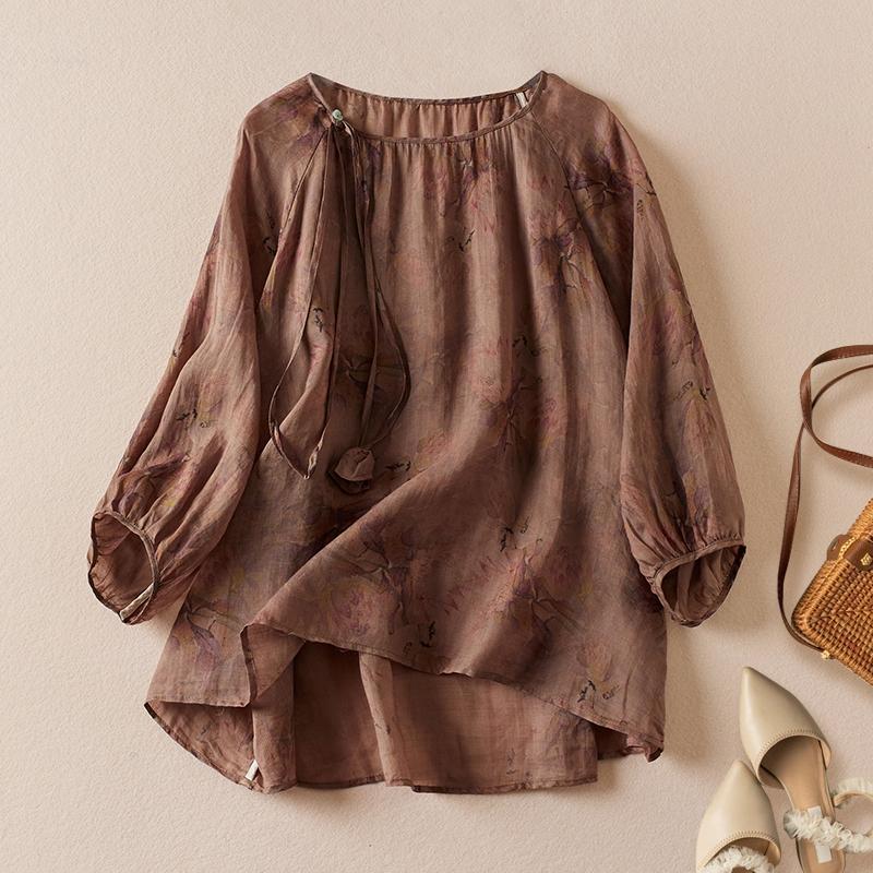 Women's Cotton Linen Shirt Vintage Blouses Loose Floral Short Sleeves Top O-Neck Ladies Clothing