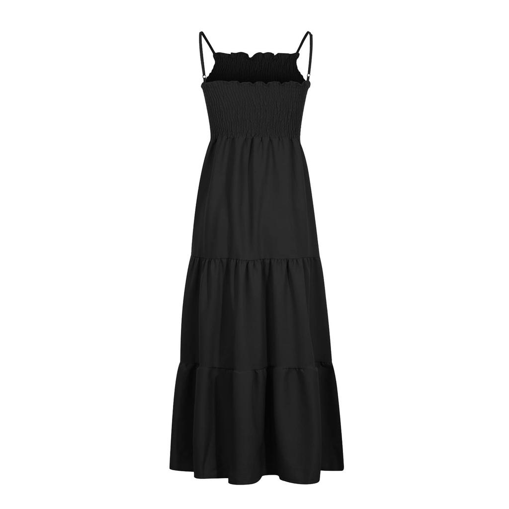 Strapless Dress For Women Color Summer Beach Boho Smocked Tube Top Straps Swing Dress