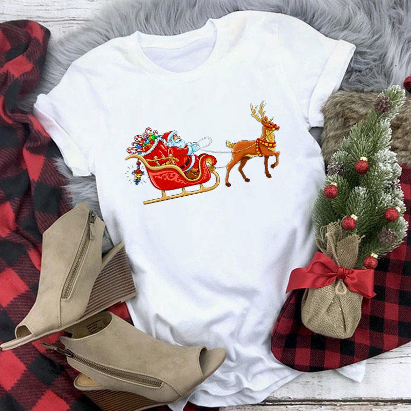 Cute Reindeer T Shirt Women Fashion Christmas Harajuku Short Sleeve T Shirt White Suitable All Seasons
