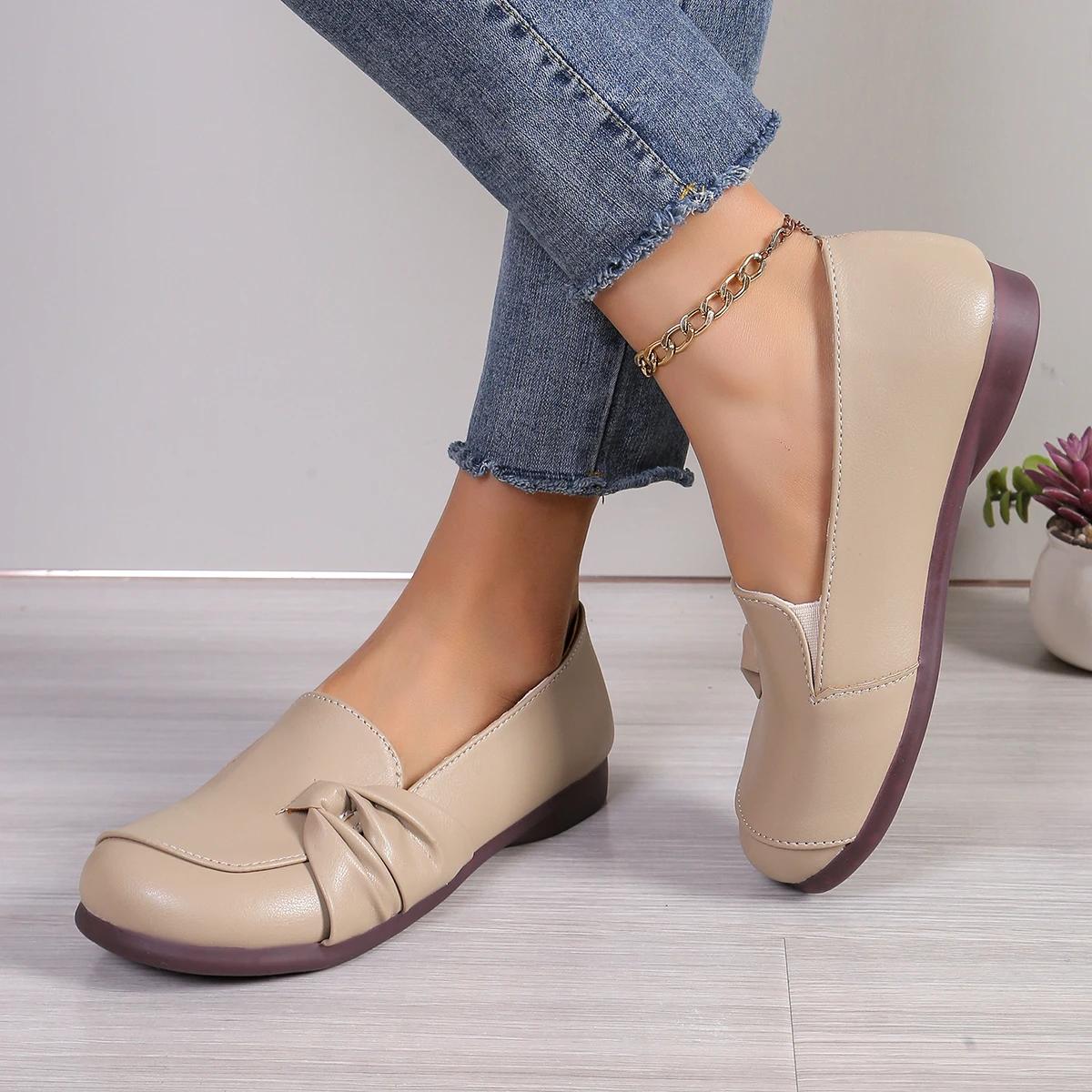 

New Summer Women Flat Shoes Comfort Non-slip Soft Oxford Solid Color Mom s Shoes New Fashion Leather Flat Footwear 35 бежевий