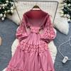 Retro Palace Style Dress for Women In Autumn and Winter A High-end Feel and Straps Waist Cinching Hollow Out Splicing Elegant Long Women Dress