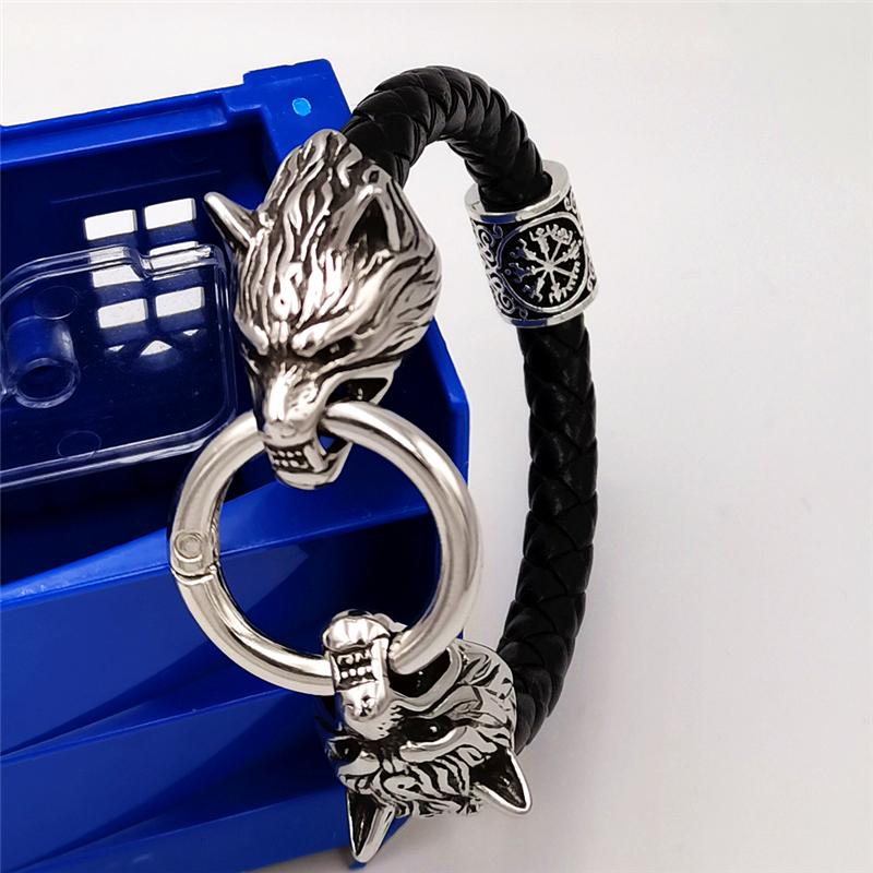 Wolf Head Bracelet Stainless Steel Viking Rune Bead Leather Bracelet Jewelry For Women Men Unisex Gift