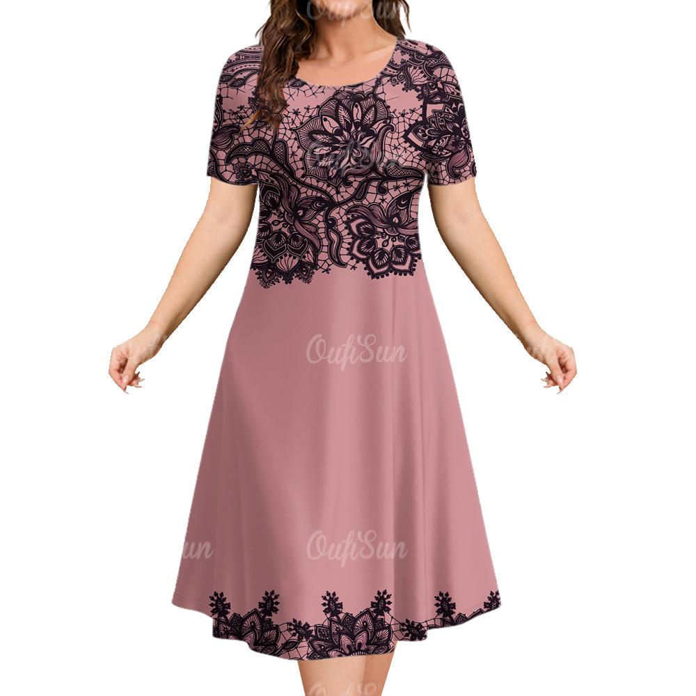 Damen Sommerkleider Vintage Bedruckt Mode Kurzarm Rundhals Kleider