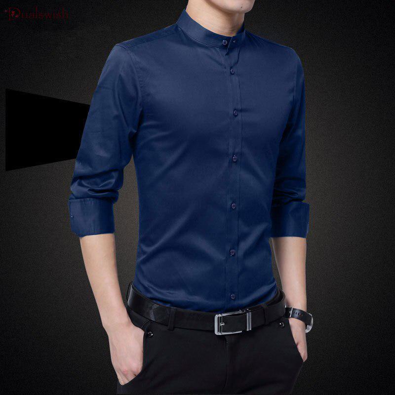 Nuove Camicie da Uomo Business Manica Lunga Collo alla Coreana Cotone Camicia Maschile Vestibilità Slim Design Popolari