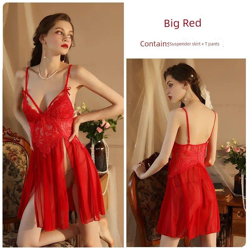 2025 New Arrival Sexy Ultra Slim Mesh Dating Nightdress/Backless Slit Deep V Suspender Dress/Sexy Seduction Pajamas
